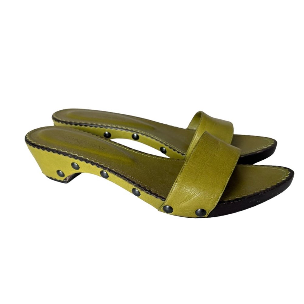 Vintage YVES SAINT LAURENT Green Leather Studded Wooden Slides Sandals Sz.10